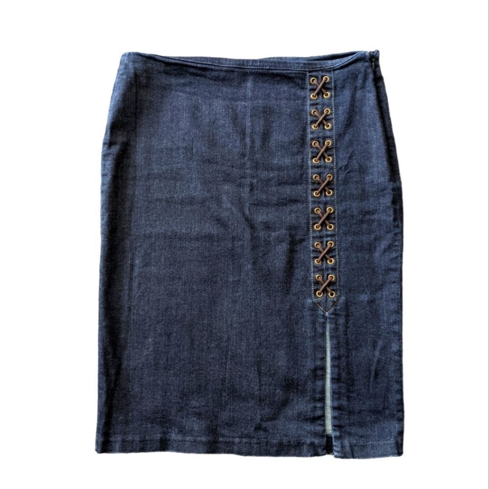 Ralph Lauren Denim Jean Midi Pencil Lace Up Slit Skirt Size 6